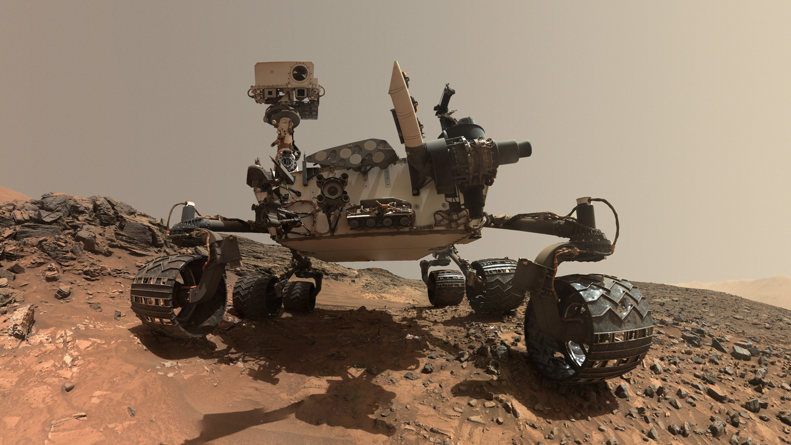An artist-rendered image of the Curiosity rovers on Mars