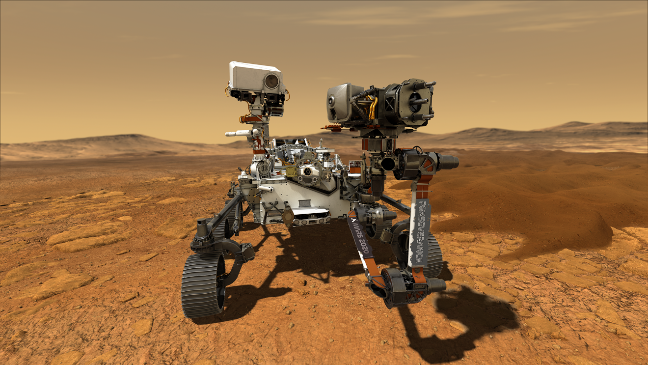 An artist-rendered image of the Perseverance rovers on Mars