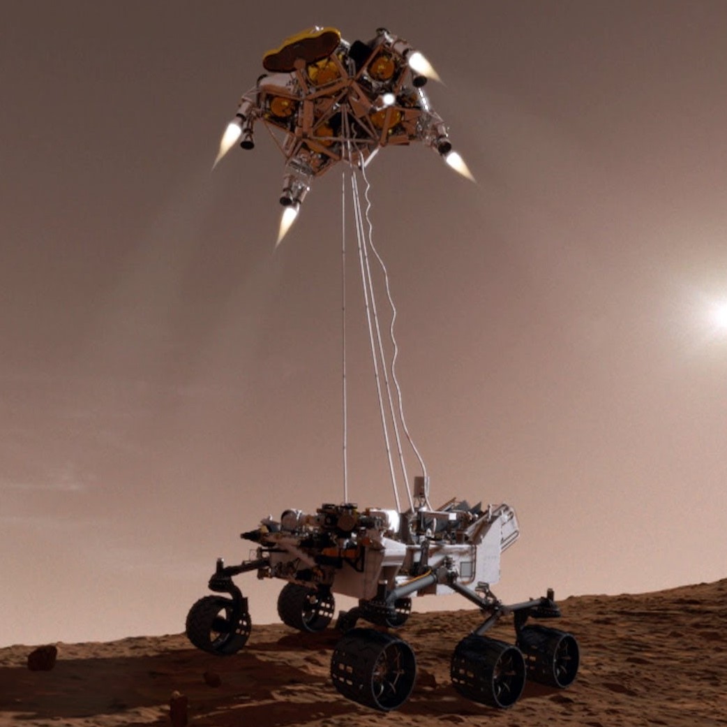 An artist-rendered photo of the Perseverance landing on Mars